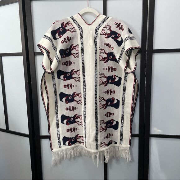 [l] Creme White Knit Holiday Poncho Sweater with Navy Blue & Red Reindeer Print - Picture 8 of 14